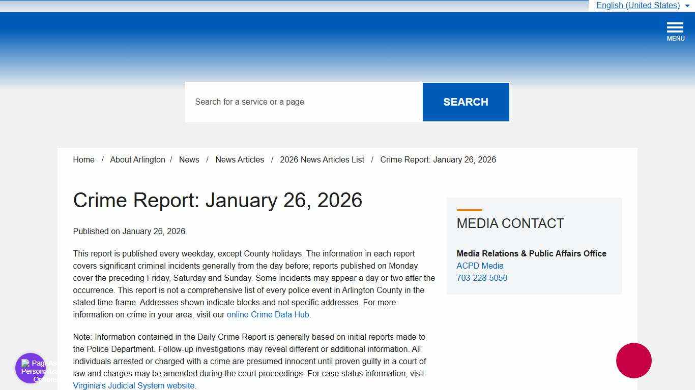 Crime Report: January 26, 2026 – Official Website of Arlington County Virginia Government